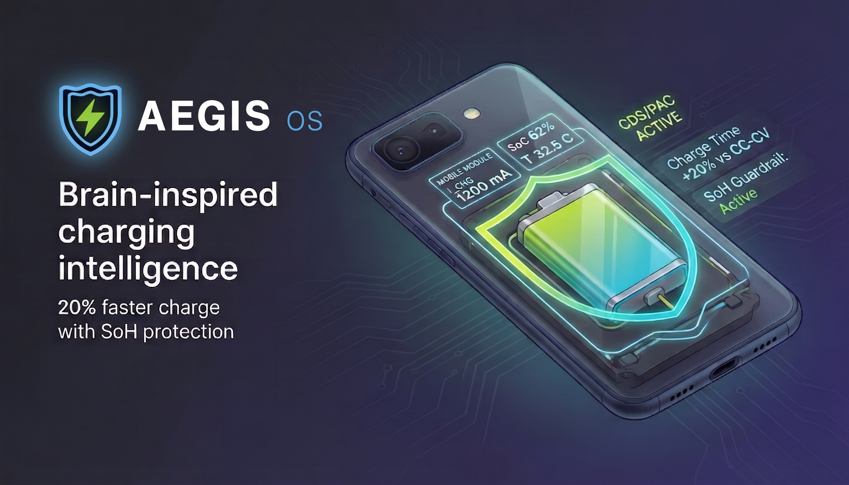 Aegis OS brain-inspired charging intelligence — 20% faster charge with SoH protection, shown on a smartphone with battery X-ray and HUD telemetry